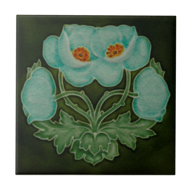 Blue Floral Art Nouveau Repro Pilkington 1910 Ceramic Tile (Front)