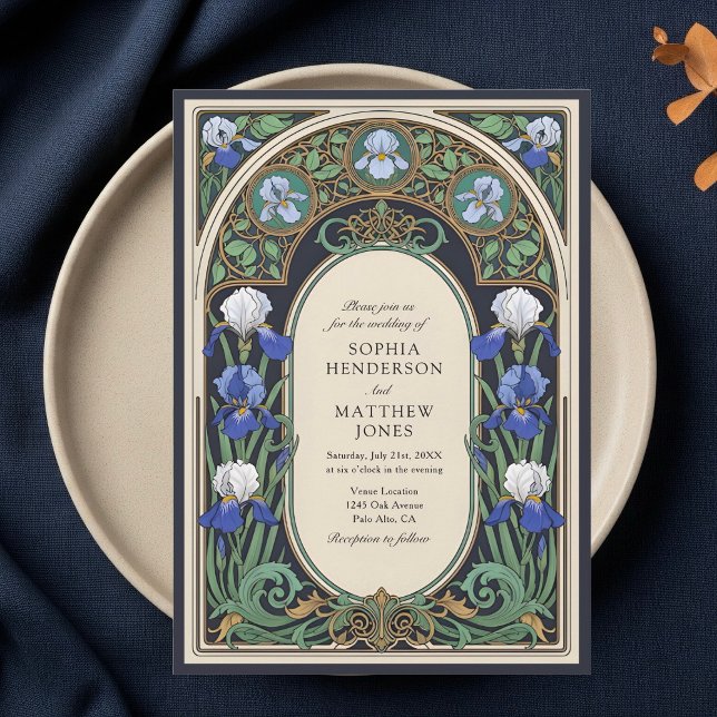 Blue Floral Art Nouveau Wedding Invitation (Creator Uploaded)