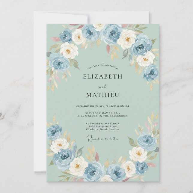 Blue Floral Art Wedding Invitation (Front)