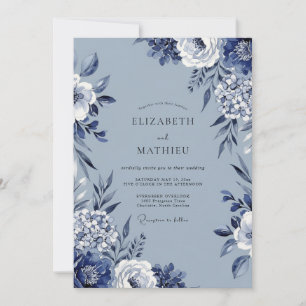 Blue Floral Artistic Flourish Wedding Invitation