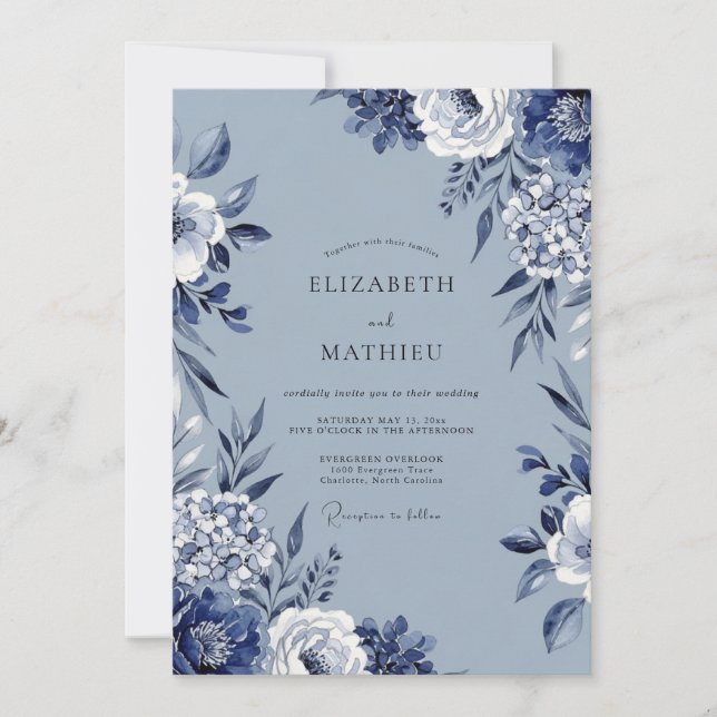Blue Floral Artistic Flourish Wedding Invitation (Front)