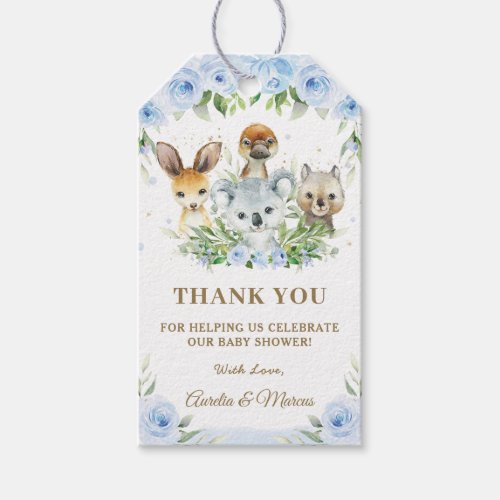 Blue Floral Australian Animals Baby Shower Favor Gift Tags