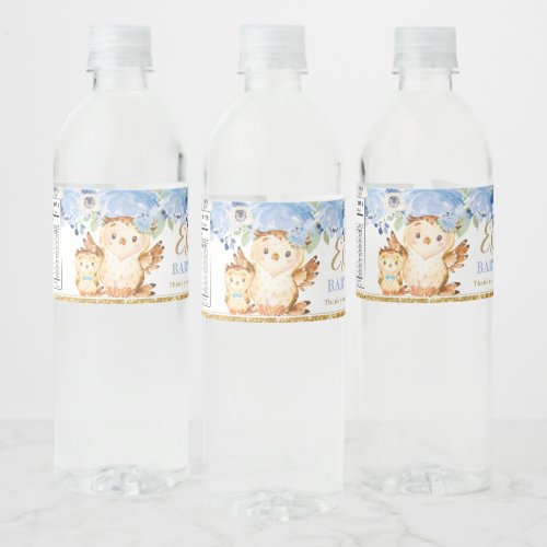 Blue Floral Baby and Mommy Owl Baby Shower Favor Water Bottle Label