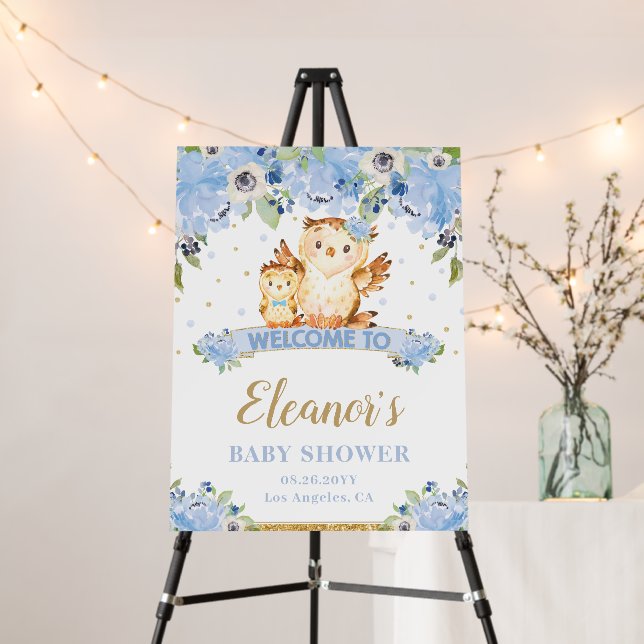 Blue Floral Baby and Mommy Owl Shower Welcome  Foam Board (In Situ (Stand))