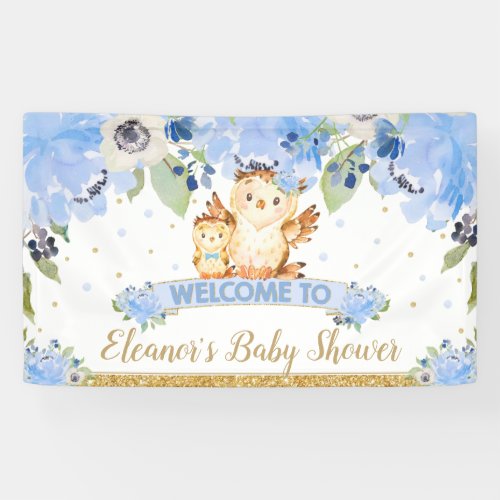 Blue Floral Baby and Mommy Owl Welcome Backdrop Banner