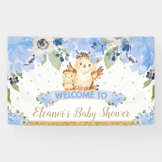 Blue Floral Baby and Mommy Owl Welcome Backdrop Banner (Horizontal)