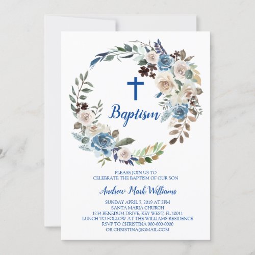 Blue Floral Baby Boy Baptism Invitation