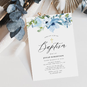 blue floral baby boy baptism invitation