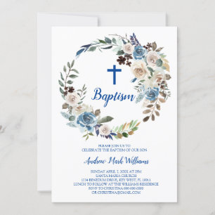 Blue Floral Baby Boy Baptism Invitation