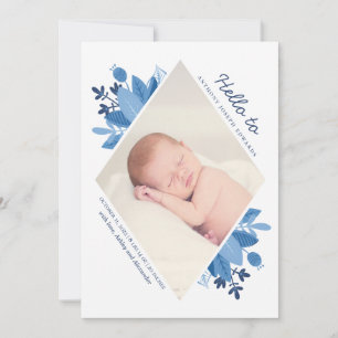 Blue floral baby boy birth. Modern flowers newborn Announcement