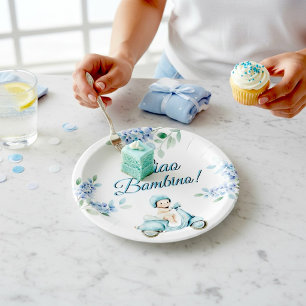 Blue Floral Baby Boy Scooter "Ciao Bambino" Paper Plates