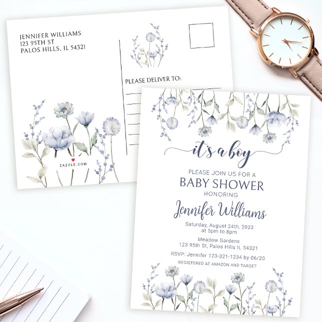 Blue floral baby boy shower Invitation Postcard (Creator Uploaded)