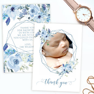 Blue floral baby boy shower photo thank you cards