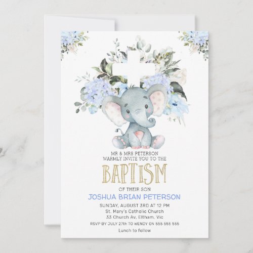 Blue Floral Baby Elephant Baptism Invitation