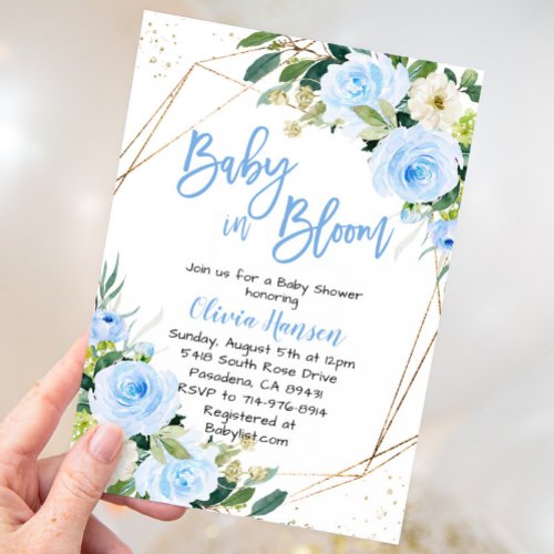 Blue Floral Baby in Bloom Baby Shower Invitation