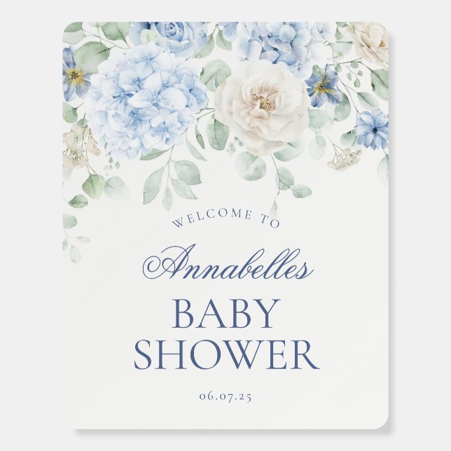 Blue Floral Baby in Bloom Baby Shower Welcome Sign (Front)