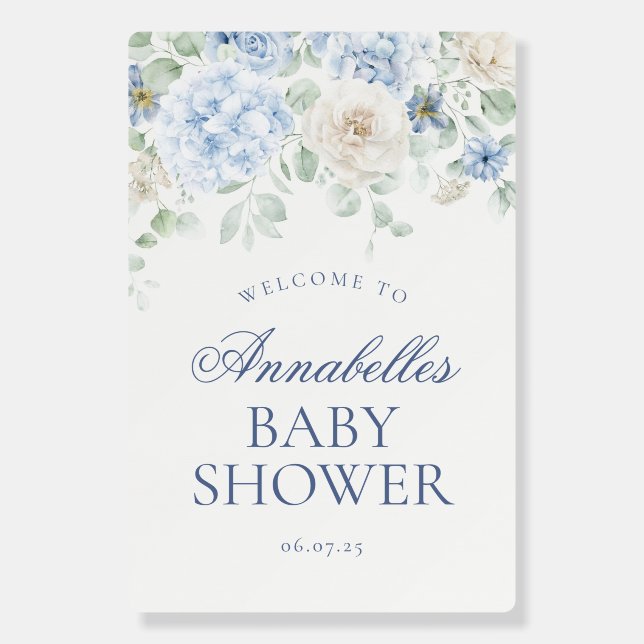 Blue Floral Baby in Bloom Baby Shower Welcome Sign (Front)