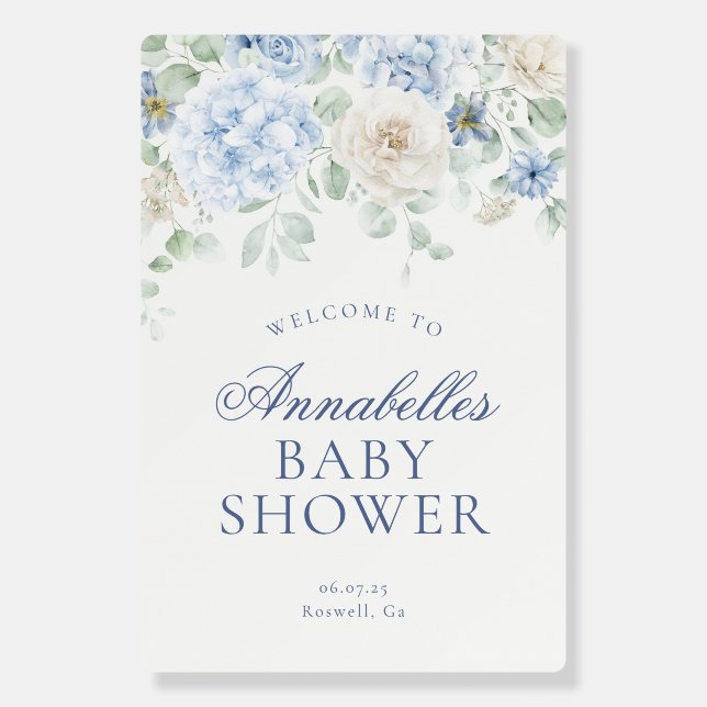 Blue Floral Baby in Bloom Baby Shower Welcome Sign (Front)