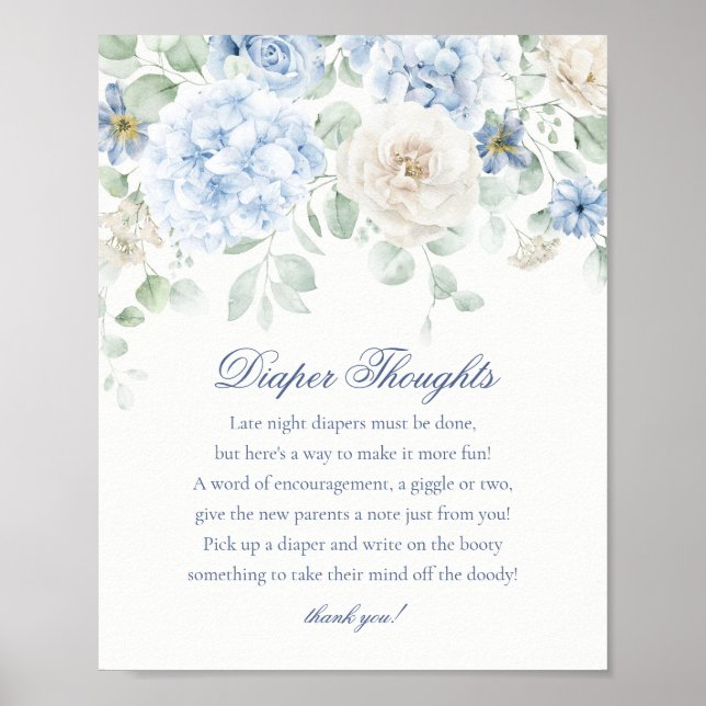 Blue Floral Baby in Bloom Diaper Thoughts Shower Poster (Front)