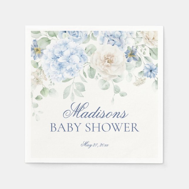 Blue Floral Baby in Bloom Hydrangea Baby Shower Napkins (Front)