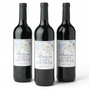 Blue Floral Baby in Bloom Hydrangea Baby Shower Wine Label