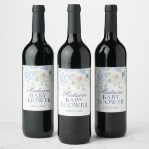 Blue Floral Baby in Bloom Hydrangea Baby Shower Wine Label