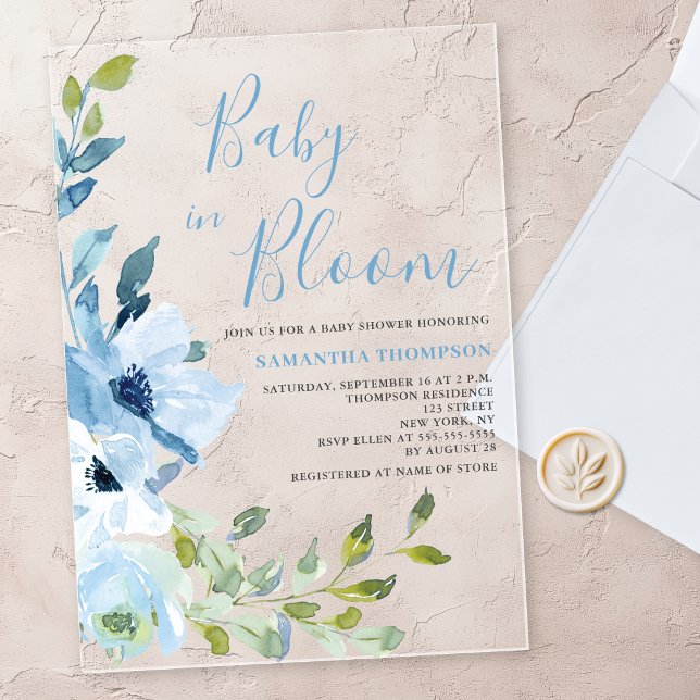 Blue Floral Baby In Bloom Shower Acrylic Invitations (Creator Uploaded)
