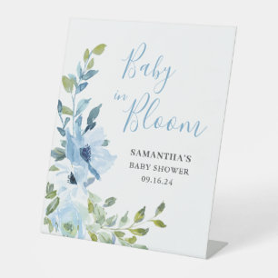 Blue Floral Baby In Bloom Shower Pedestal Sign