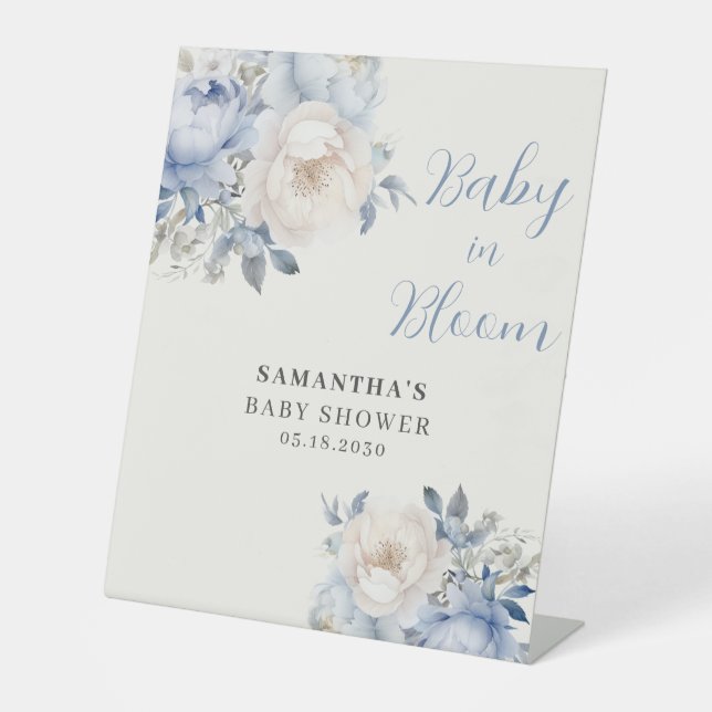 Blue Floral Baby In Bloom Shower  Pedestal Sign (Front)