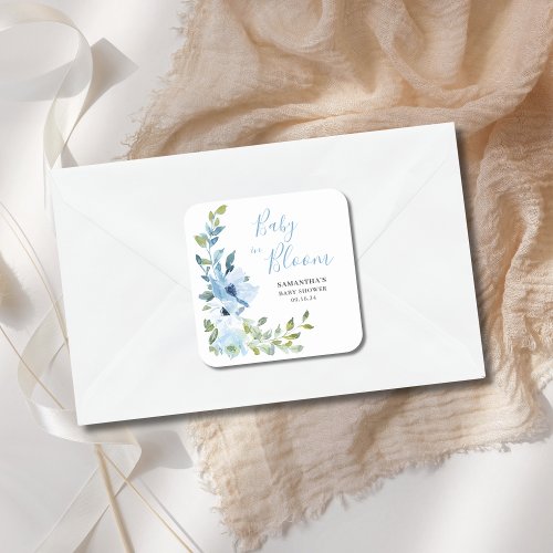 Blue Floral Baby In Bloom Shower  Square Sticker