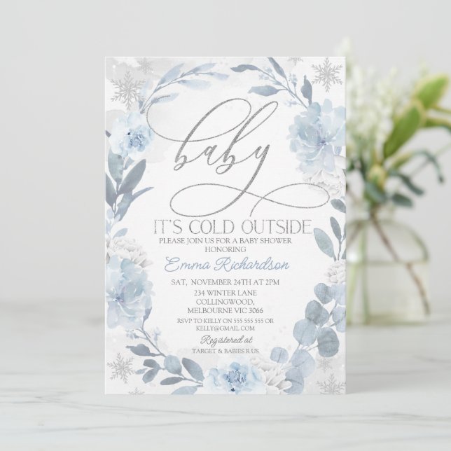 Blue Floral Baby It's Cold Outside Baby Shower Invitation (Standing Front)