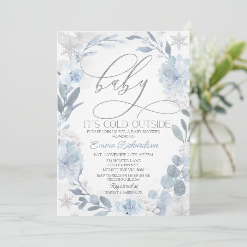 Blue Floral Baby Its Cold Outside Baby Shower Invitation