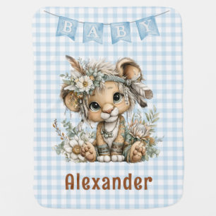 Blue Floral Baby Lion Baby Blanket
