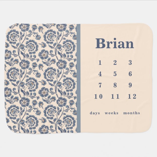 Blue Floral Baby Milestone Blanket (Horizontal)
