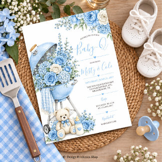 Blue Floral Baby-Q Baby Shower BBQ Invitation