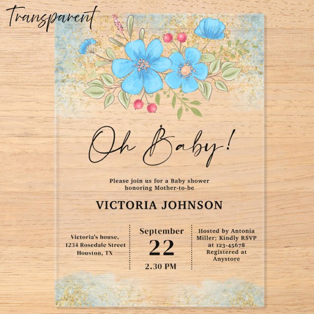 Blue Floral Baby Shower Acrylic Invitations (Creator Uploaded)