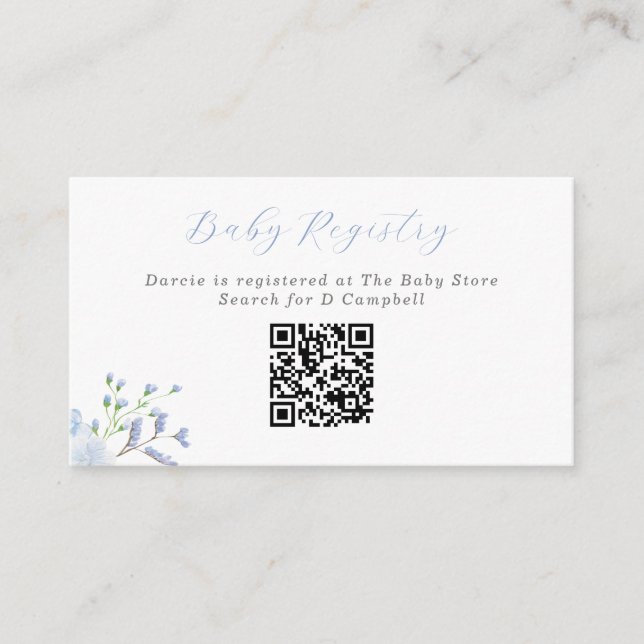 Blue Floral Baby Shower Baby Registry QR Code Enclosure Card (Front)