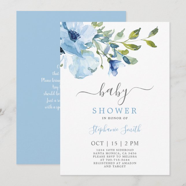 Blue Floral Baby Shower Boy Invitation (Front/Back)