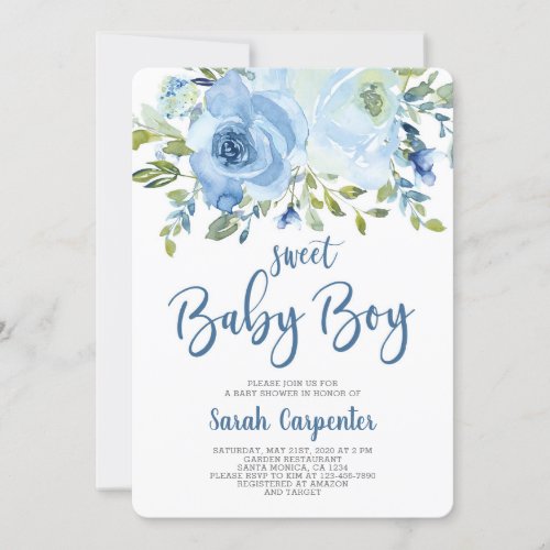 Blue floral baby shower boy invitation