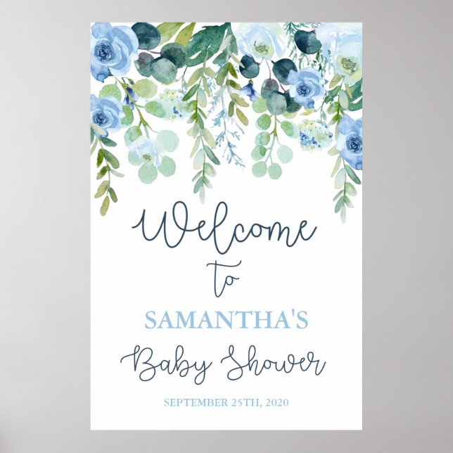 Blue floral Baby Shower Boy Welcome sign (Front)