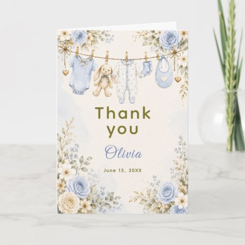 Blue Floral Baby Shower Clothesline Baby Shower Thank You Card
