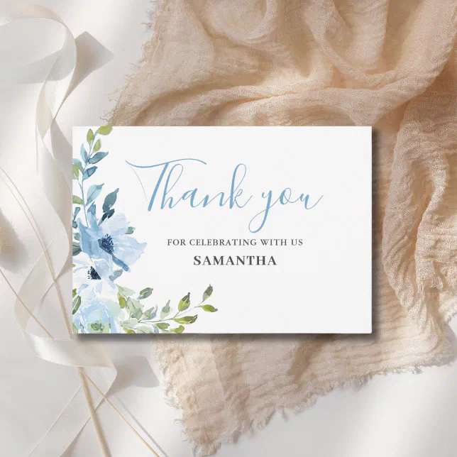 Blue Floral Baby Shower Flat Thank You Card | Zazzle