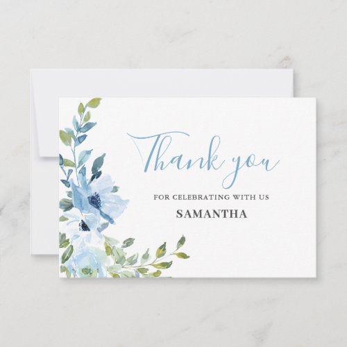 Blue Floral Baby Shower Flat Thank You Card