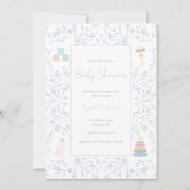 Blue Floral Baby Shower Invitation (Front)