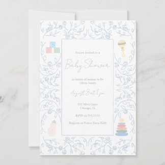 Blue Floral Baby Shower Invitation