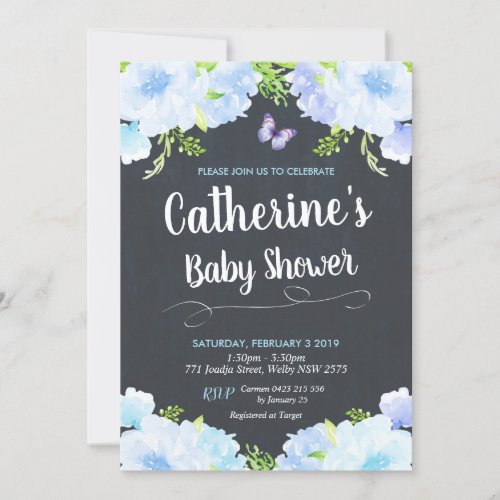 Blue Floral Baby Shower Invitations Boy