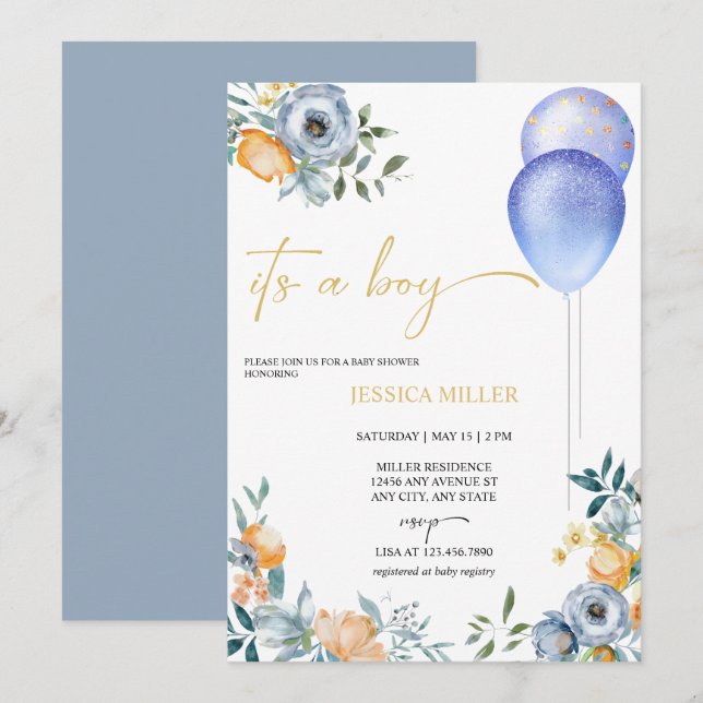 Blue Floral Baby Shower | Its a Boy Invitation (Front/Back)