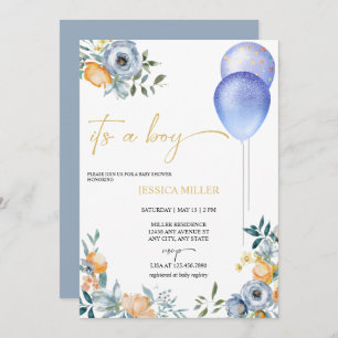 Blue Floral Baby Shower Its a Boy Invitation