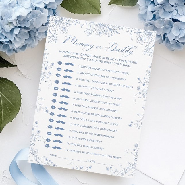 Blue Floral Baby Shower Mommy or Daddy Game Card (Creator Uploaded)