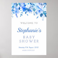 Blue floral baby shower sign, Christening welcome Poster
